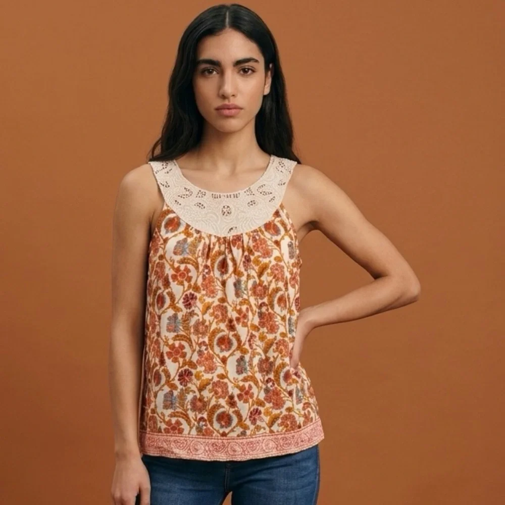 Sundance Catalog Orange Paisley Lace Yoke Sleeveless croquette boho Top